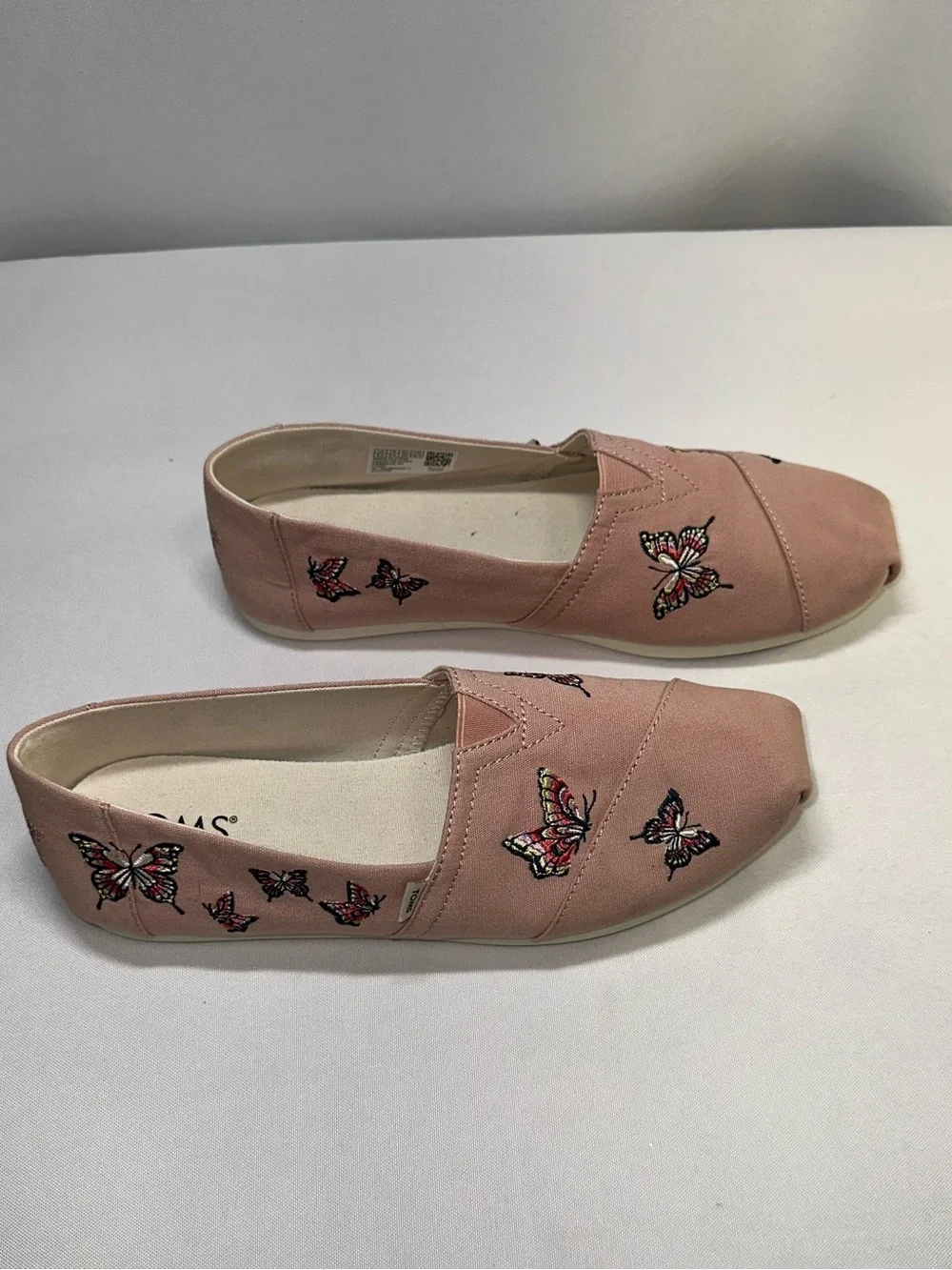 TOMS Women Size 8.5 Pale Pink Canvas Butterfly Embroidery Alpargata Slip On